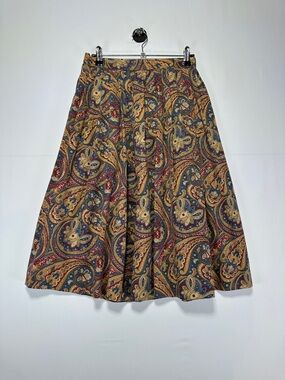 Vintage Paisley A Line Skirt Multi Color Boho Midi Lined Size S